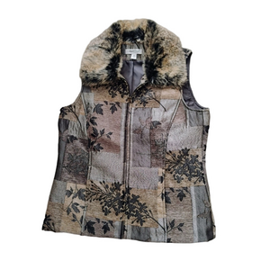 Coldwater Creek Brown Patchwork Tapestry Vest Fur Collar Size Med READ